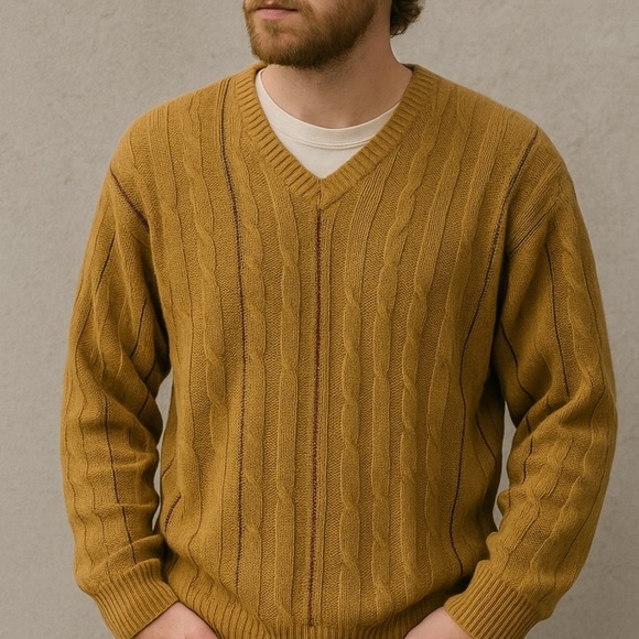 Vintage Haband Sweater | Made in USA | XL | Mustard Gold Knit V-Neck Pullover - Picture 4 of 4